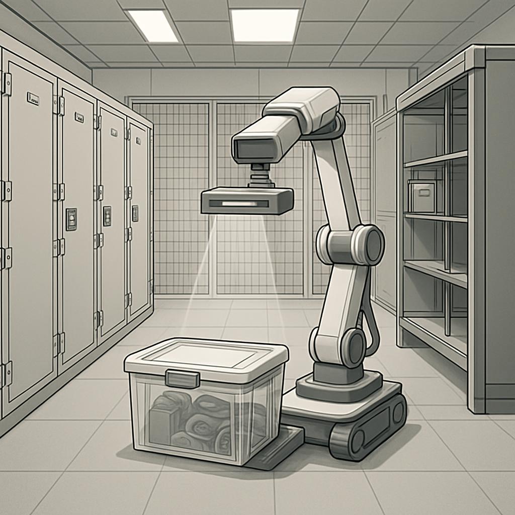 A cartoon-style illustration of a room with a robotic arm and toolbox, featuring gray walls and white tiles highlighting a...