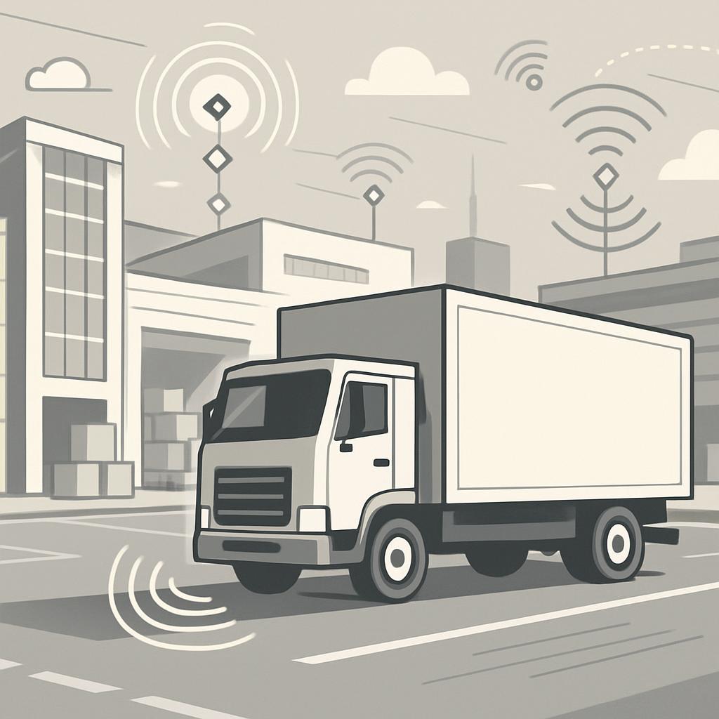 A cartoon style grayscale illustration of a box truck driving down the street, in front of a building that appears to be c...