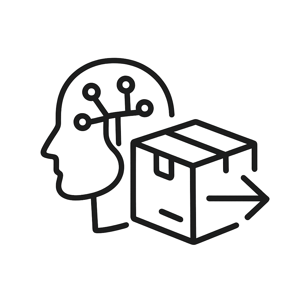 A robotic head with robotic eye parts and a box with an arrow pointing to the right.